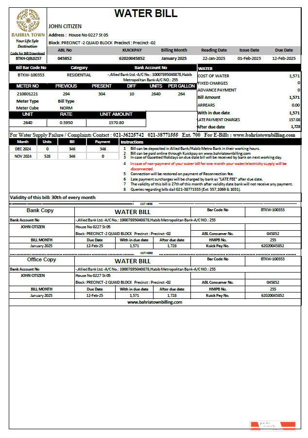 Pakistan Bahria Town utility bill template in Word and PDF formats